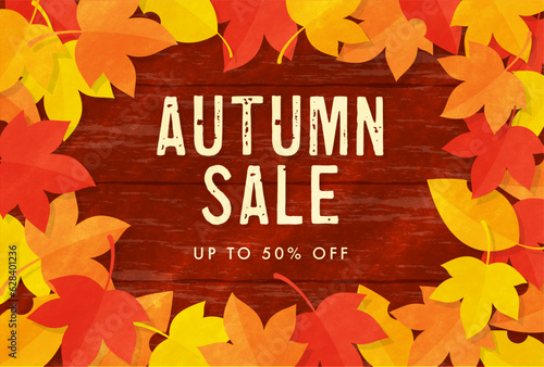 vector background with colorful autumn leaves frame and wood texture for banners, cards, flyers, social media wallpapers, etc.