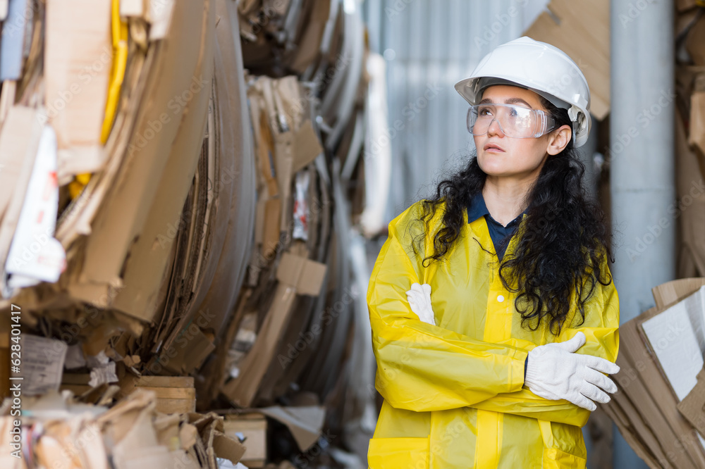 custom made wallpaper toronto digitalSpecialized supervisor walks among big piles of cardboard waste in trash disposal facility. Worker in protective hood sorts trash for conveyor belt