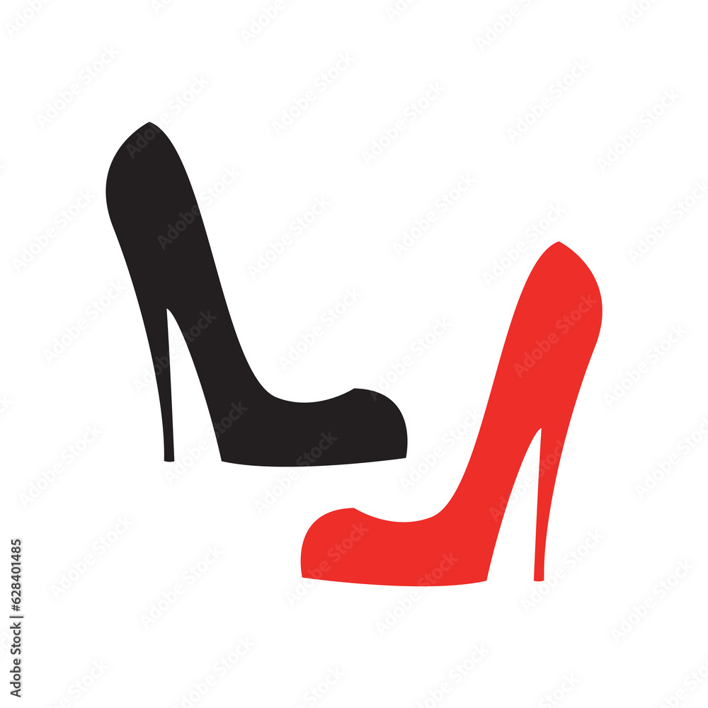 High heel women shoes, graphic icon. Sign stiletto heels isolated on white background. Female red and black shoes symbol. Feminism, gender equality concept. High heel women shoes, graphic icon. Sign stiletto heels isolated on white background. Female red and black shoes symbol. Feminism, gender equality concept.