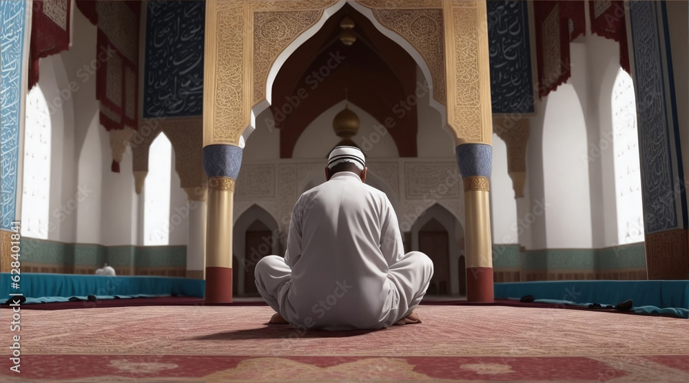 Muslim praying in mosque. Generative AI. Muslim praying in mosque. Generative AI.