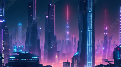 Glowing skyscrapers illuminate the futuristic cityscape at night. Generative AI.