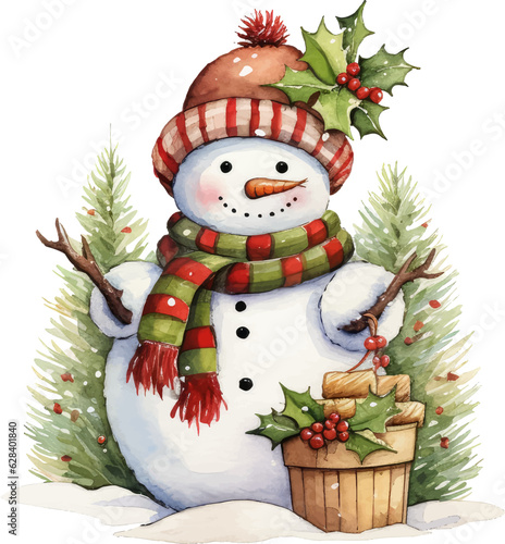 Wallpaper Mural snowman with christmas tree ornament watercolor vector illustration