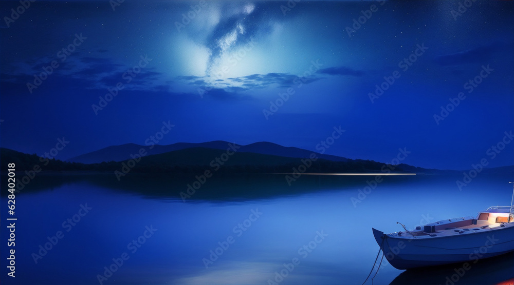 Boat on the night lake wallpaper background landscape. Generative AI.