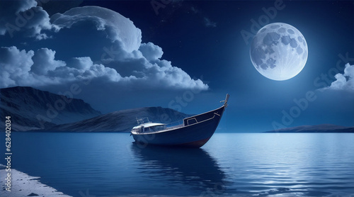 Boat on the moon wallpaper background landscape. Generative AI.