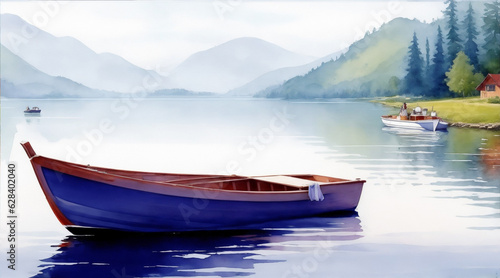 Boat on the lake watercolor oil painting wallpaper background landscape. Generative AI.