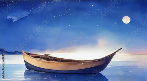 Boat on the night watercolor oil painting wallpaper background landscape. Generative AI.