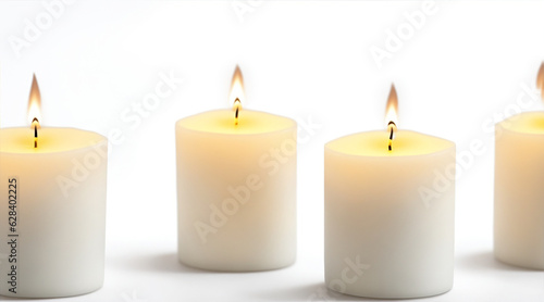 Lit candles on a white background. Generative AI.