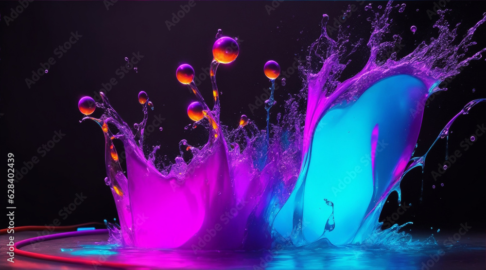Splash of water on neon light background. Generative AI. Splash of water on neon light background. Generative AI.