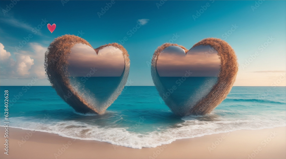 Two hearts sitting on the ocean. Generative AI. Two hearts sitting on the ocean. Generative AI.