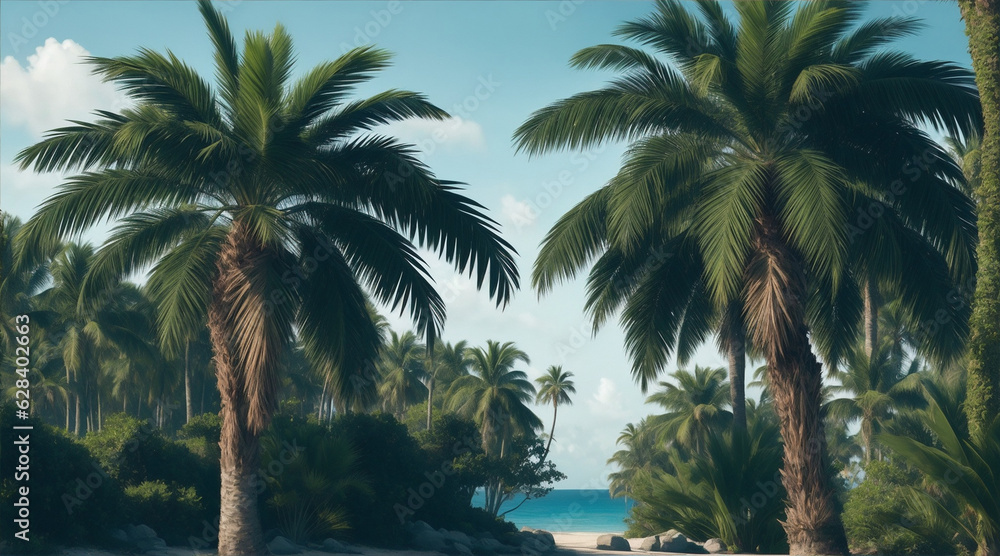 Fototapeta premium Palm trees are on a forest in marine views. Generative AI.