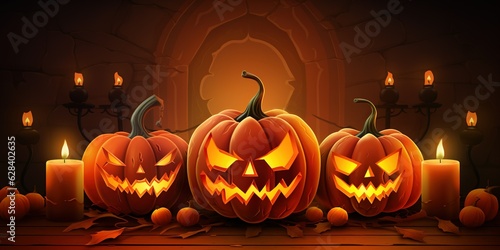 Halloween party background with three jack o lanterns, pumpkins and candles With Generative AI