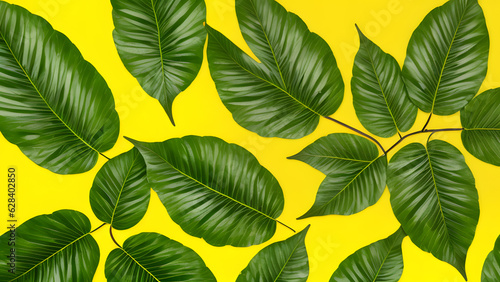Tropical green foliage seamless pattern on bright yellow backdrop for background