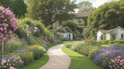 A path through a garden with flowers and a house in the background. Generative AI.