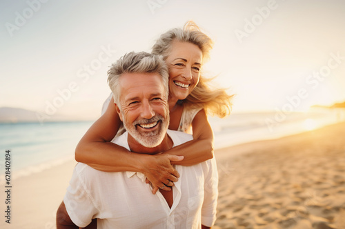AI generated image of happy mature senior couple on the beach piggyback