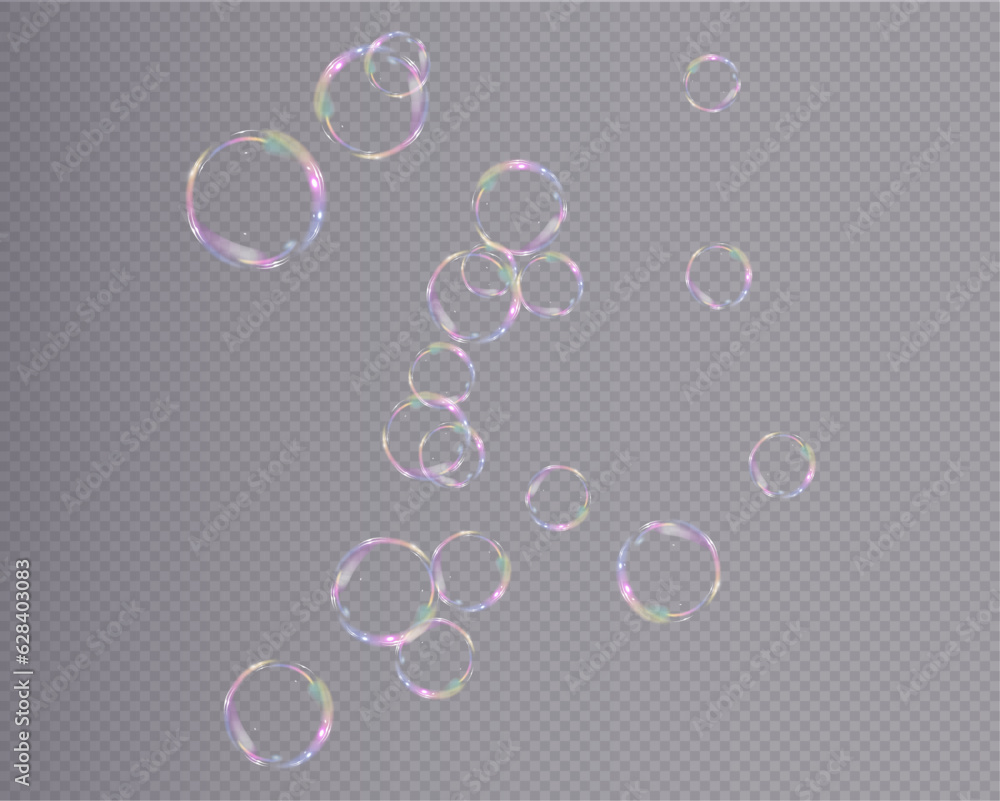 Bubble vector PNG. Set of realistic soap bubbles. Bubbles are located on a transparent background. Vector flying soap bubbles. Water glass bubble realistic png	
