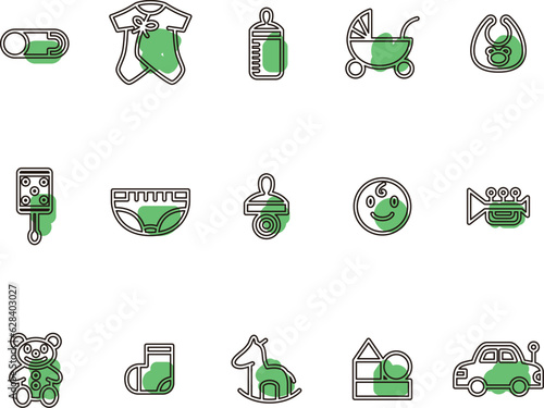 アウトラインの育児ベビー用品のイラストアイコンセット　緑