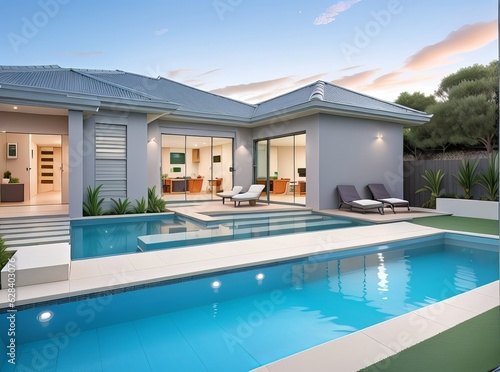 Contemporary Home with Tiled Swimming Pool in Rear Garden.  © Happy Hues