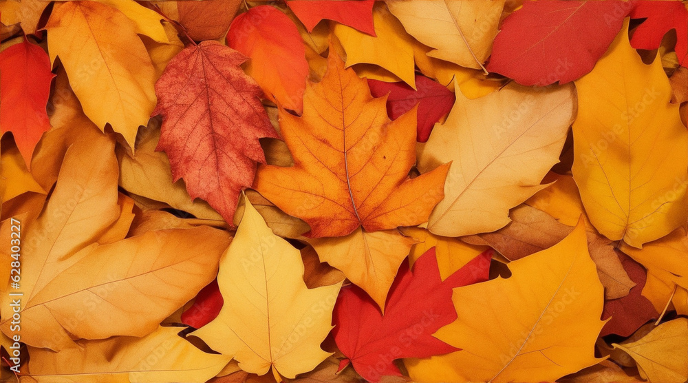 Fall leaves are laying down on a brown background. Generative AI.