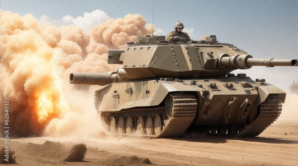 Heavy machinery on battlefield armored tank. Generative AI.