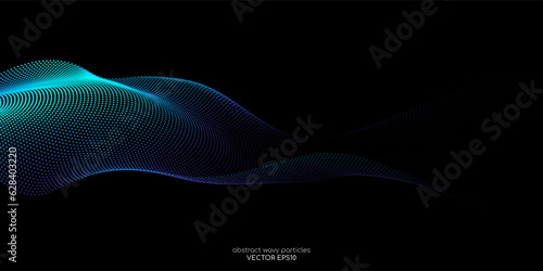 Flowing dot particles wave pattern blue and green gradient light isolated on black background. Vector in concept of AI technology, science, music.