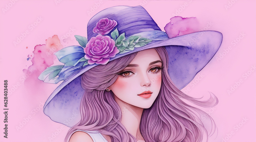 A illustration of a beautiful girl wearing a hat watercolor art. Generative AI. A illustration of a beautiful girl wearing a hat watercolor art. Generative AI.