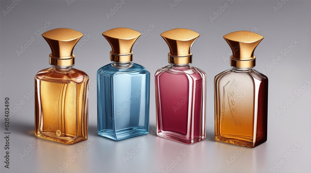 Women and men perfume glass bottle advertising promotional mockup product. Generative AI. Women and men perfume glass bottle advertising promotional mockup product. Generative AI.
