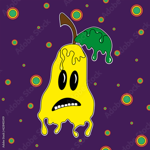 Funny Psychedelic pear with flow texture. Cartoon fruit character in Y2K style on cosmo background. Vector illustration Pear with Flowing texture.