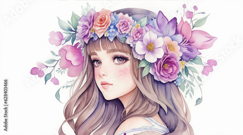 A illustration of a beautiful girl wearing a flower crown watercolor art. Generative AI.