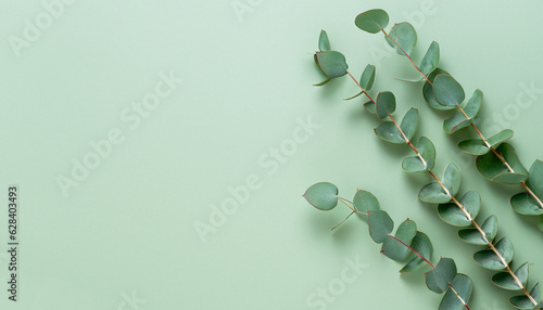 Eucalyptus branch on pastel green background. Flat lay, top view.