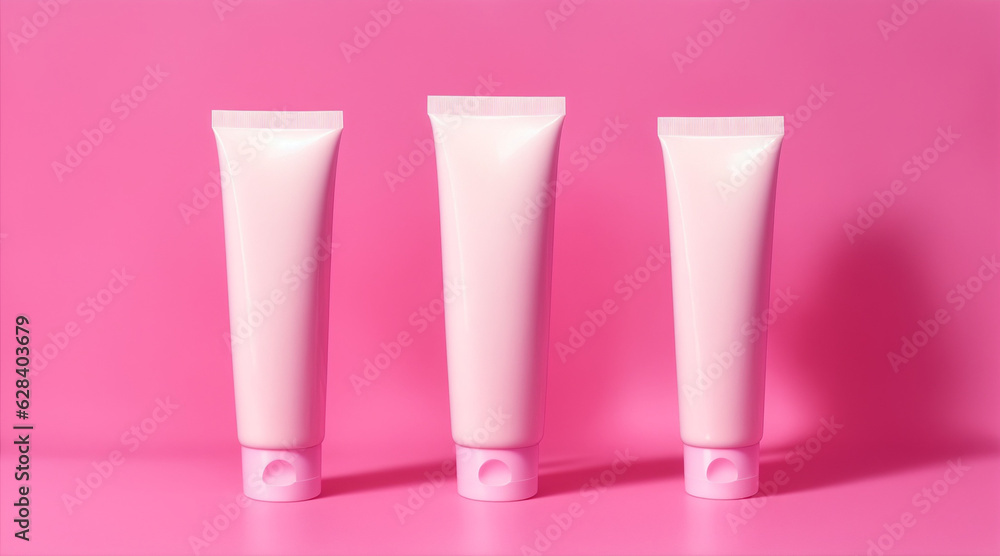 Three empty tube of body cream against pink background. Generative AI. Three empty tube of body cream against pink background. Generative AI.