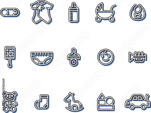 カラーシャドウの育児ベビー用品のイラストアイコンセット　青