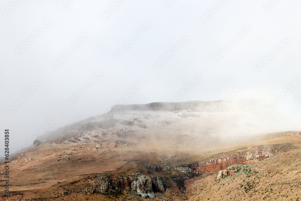 Mountain Zebra National Park, South Africa: snow on a mountain side with heavy mist