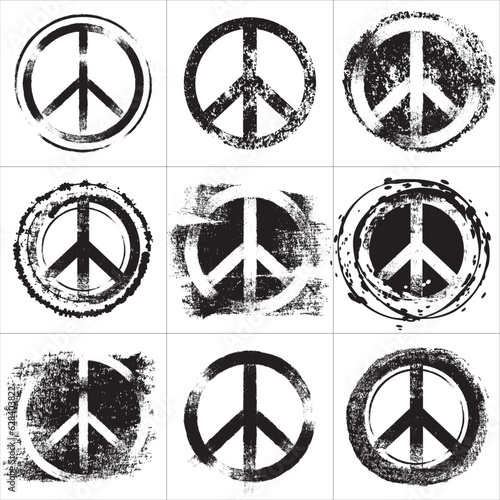 Peace symbol. Grunge pacific round signs. Black and white isolated vector illustration