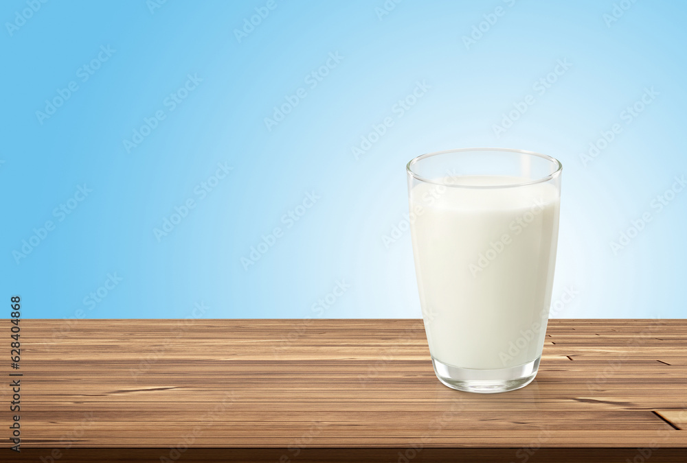 Glass of milk on wooden table with blue white background Glass of milk on wooden table with blue white background