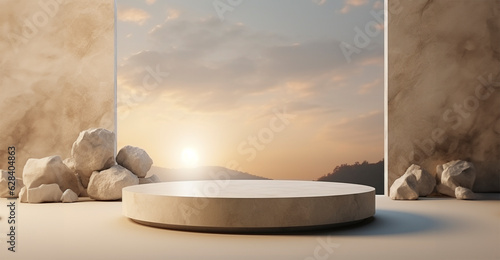 Abstract background scene for cosmetic products. White marble podium with a beautiful sunrise on the background that gives the scene an incredible pink light.