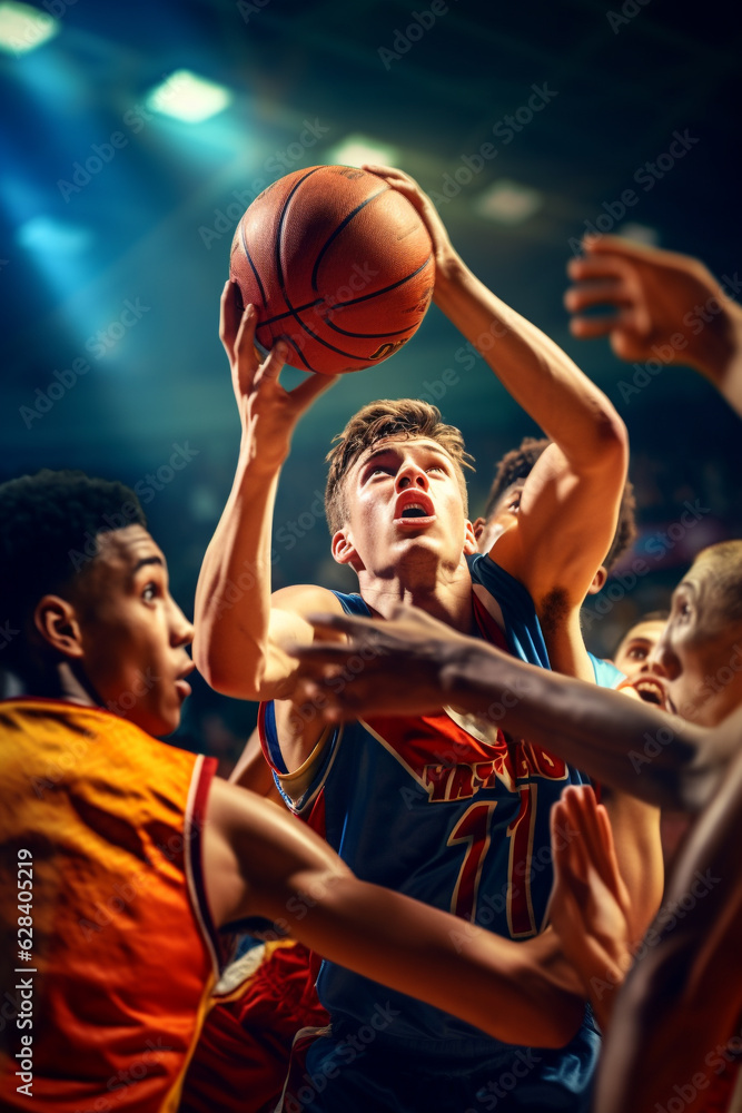 The competitive spirit of school sports captured in an action-packed basketball scoring moment The competitive spirit of school sports captured in an action-packed basketball scoring moment