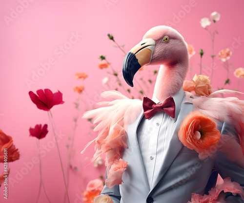 Creative animal concept. Flamingo bird in smart suit, surrounded in a surreal garden full of blossom flowers floral landscape. advertisement commercial editorial banner card. 