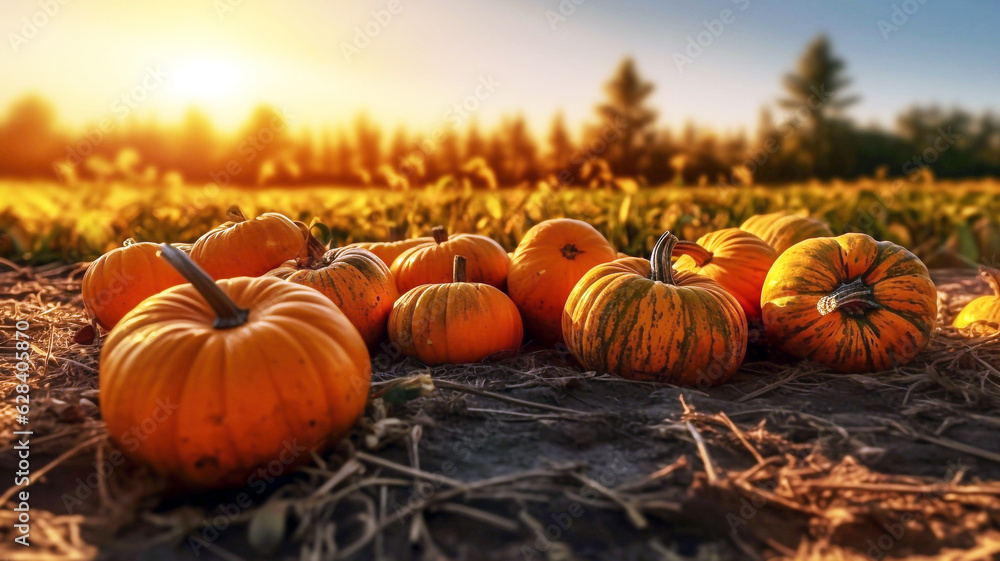 Pumpkin patch on sunny Autumn day. Thanksgiving Pumpkin in the field. Harvesting pumpkins in the farm. Close up of pumpkins. Pumpkin patch on sunny Autumn day. Thanksgiving Pumpkin in the field. Harvesting pumpkins in the farm. Close up of pumpkins.