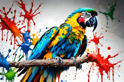 Splatter Art, A captivating splatter art composition featuring a majestic parrot surrounded by colorful splashes of paint. The splatters form musical notes and symbols, representing the harmonious nat