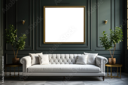 empty white frame mockup inside the room. The room is decorated luxuriously with a big sofa, flower vase, and elegant interior. © OGGYA