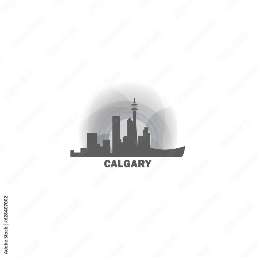 Canada Calgary cityscape skyline capital city panorama vector flat modern logo icon. Canadian Alberta province emblem idea with landmarks and building silhouettes at sunset sunrise