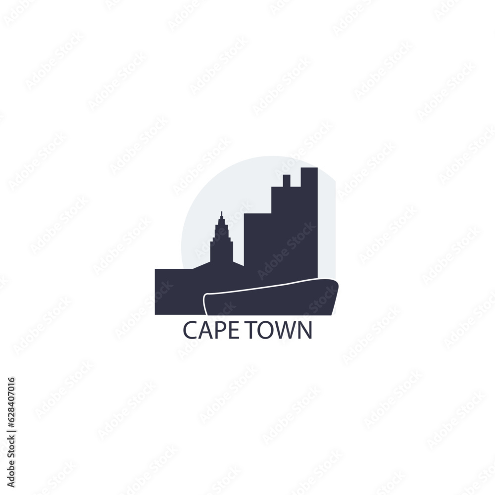 Naklejka premium South Africa Cape Town cityscape skyline capital city panorama vector flat modern logo icon. African emblem idea with landmarks and building silhouettes at sunset sunrise