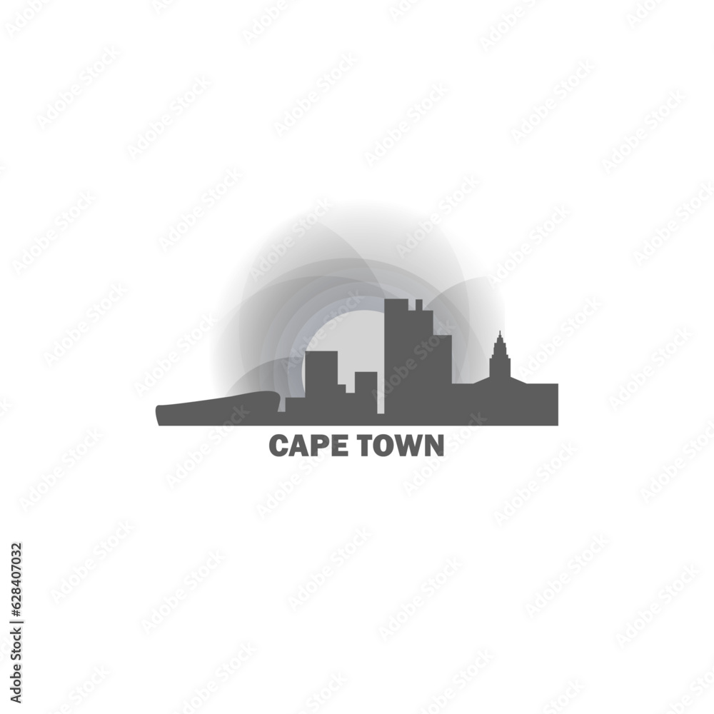 South Africa Cape Town cityscape skyline capital city panorama vector flat modern logo icon. African emblem idea with landmarks and building silhouettes at sunset sunrise