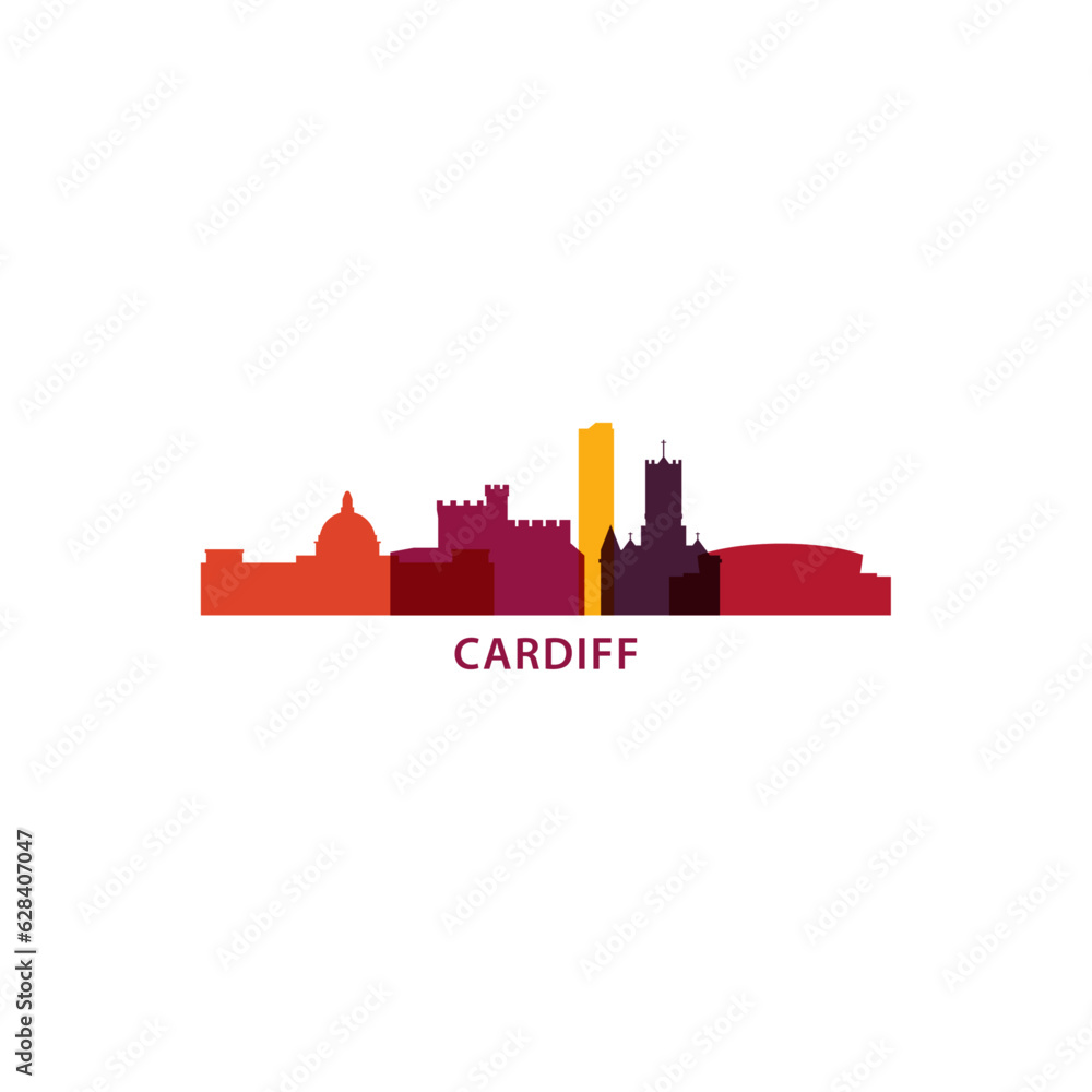 UK Cardiff Wales cityscape skyline capital city panorama vector flat modern logo icon. United Kingdom emblem idea with landmarks and building silhouettes