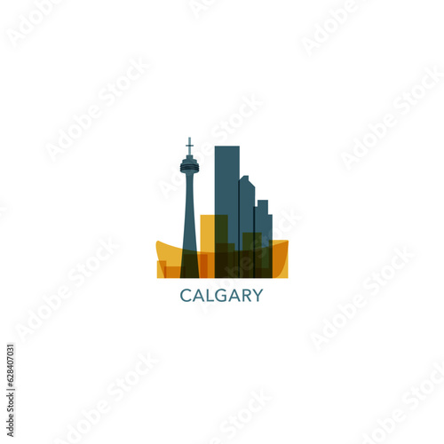 Canada Calgary cityscape skyline capital city panorama vector flat modern logo icon. Canadian Alberta province emblem idea with landmarks and building silhouettes