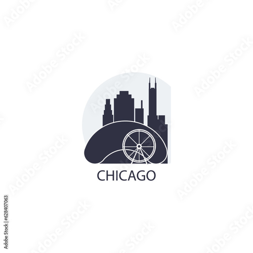 USA United States Chicago cityscape skyline capital city panorama vector flat modern logo icon. US Illinois American state emblem idea with landmarks and building silhouettes at sunset sunrise