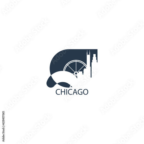 USA Chicago cityscape, skyline, city panoramic vector flat logo icon. United States, Illinois, American state emblem contour with landmarks and building silhouettes
