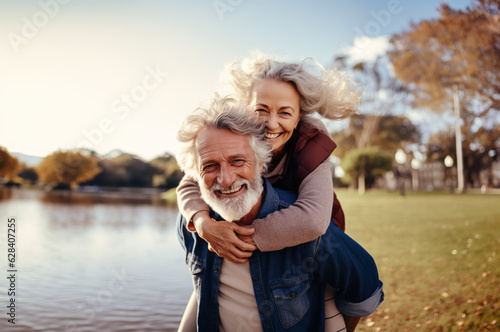 AI generated image of mature senior couple in park on piggyback