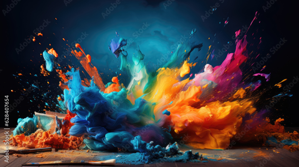 Fototapeta premium Colorful paint splashes and brushes on wooden table. Abstract background created with generative AI technology.