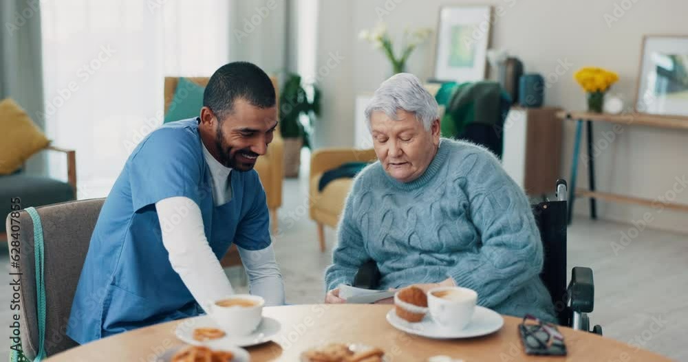 Wheelchair, old woman or caregiver laughing in retirement talking for bonding together in nursing home. Coffee, support or funny senior women reading card for support with a happy nurse on break Wheelchair, old woman or caregiver laughing in retirement talking for bonding together in nursing home. Coffee, support or funny senior women reading card for support with a happy nurse on break